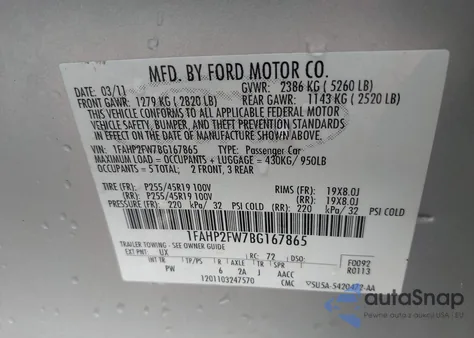 2011 Ford Taurus Limited from USA, damaged, VIN 1FAHP2FW7BG167865